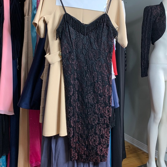 Vintage 80s Set Dress + Jacket Floral Lace Crochet Beaded Formal - Picture 8 of 11